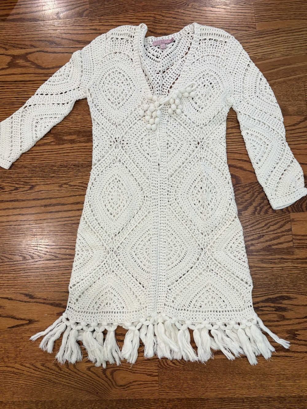 Calypso St. Barth Cream Crochet Fringe Knit Dress